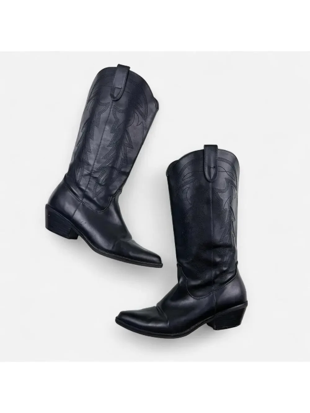 Black Vegan Leather Pointed Toe Western Cowboy Boots